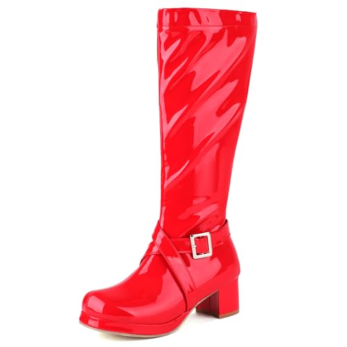 MJIASIAWA Damen Mode Runde Zehen Plateau Knee High Reitstiefel Komfort Blockabsatz Winter Party Warm Booty Zip Rot Gr 38 EU/39 Asiatisch von MJIASIAWA