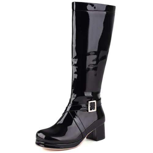 MJIASIAWA Damen Mode Runde Zehen Plateau Knee High Reitstiefel Komfort Blockabsatz Winter Party Warm Booty Zip Schwarz Gr 34 EU von MJIASIAWA