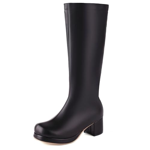 MJIASIAWA Damen Mode Runde Zehen Plateau Knee High Reitstiefel Komfort Blockabsatz Winter Party Warm Booty Zip Schwarz Gr 38 EU/39 Asiatisch von MJIASIAWA