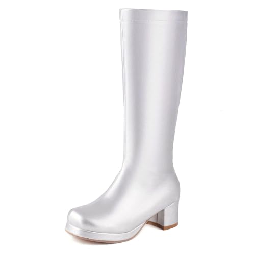MJIASIAWA Damen Mode Runde Zehen Plateau Knee High Reitstiefel Komfort Blockabsatz Winter Party Warm Booty Zip Silber Gr 32 EU von MJIASIAWA