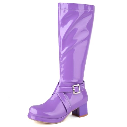 MJIASIAWA Damen Mode Runde Zehen Plateau Knee High Reitstiefel Komfort Blockabsatz Winter Party Warm Booty Zip Violett Gr 39 EU/40 Asiatisch von MJIASIAWA