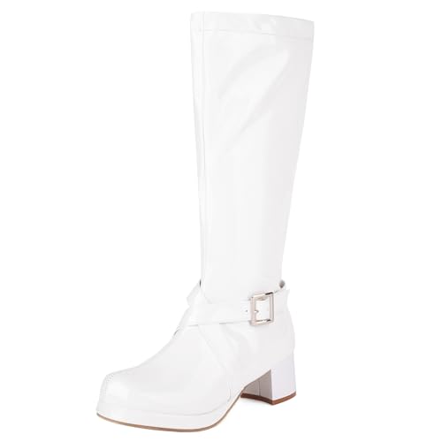 MJIASIAWA Damen Mode Runde Zehen Plateau Knee High Reitstiefel Komfort Blockabsatz Winter Party Warm Booty Zip Weiß Gr 40.5 EU/42 Asiatisch von MJIASIAWA