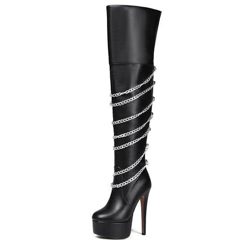 MJIASIAWA Damen Mode Runde Zehen Stiletto Plateau Stiefel Ketten Elegant Knee High Winter Punk Overknees Booty Schwarz Gr 39 EU/40 Asiatisch von MJIASIAWA