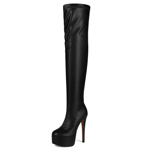 MJIASIAWA Damen Mode Runde Zehen Stiletto Plateau Stiefel Ketten Elegant Knee High Winter Punk Overknees Booty Schwarz Gr 42 EU/44 Asiatisch von MJIASIAWA