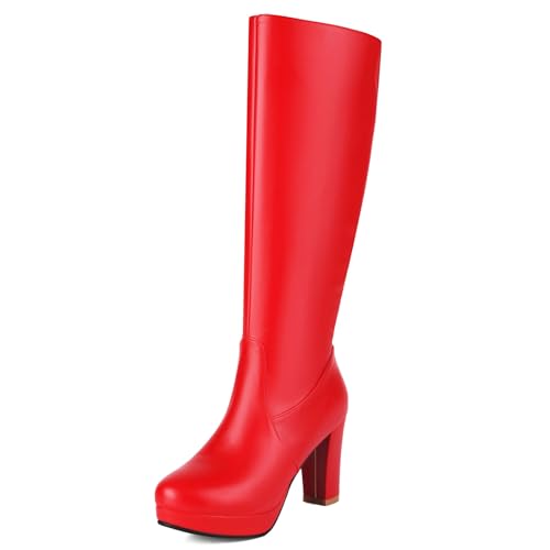 MJIASIAWA Damen Mode Runde Zehen Winter Knee Reitstiefel Blockabsatz Party Kleid Schuhe Formal Plateau Equestrian Buro Rot Gr 38 EU/39 Asiatisch von MJIASIAWA