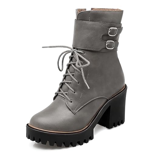 MJIASIAWA Damen Mode Schnüren Chunky Plateau Kampfstiefel Zip Runde Zehen Winter Draußen Warm Blockabsatz Military Stiefeletten Grau Gr 36 EU von MJIASIAWA