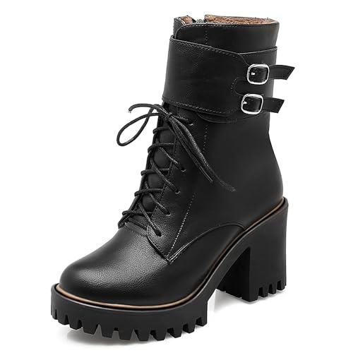 MJIASIAWA Damen Mode Schnüren Chunky Plateau Kampfstiefel Zip Runde Zehen Winter Draußen Warm Blockabsatz Military Stiefeletten Schwarz Gr 34 EU von MJIASIAWA