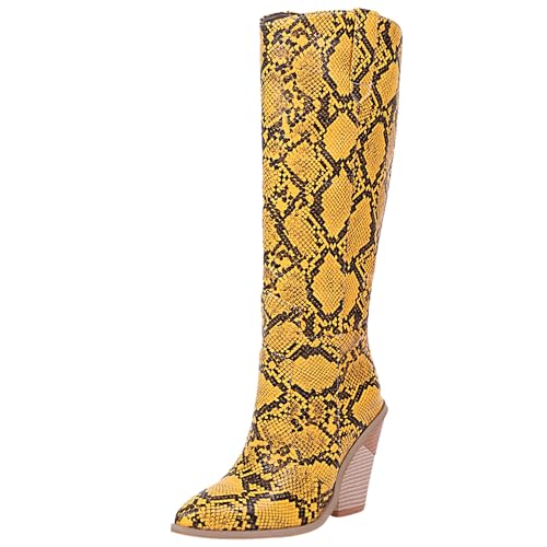 MJIASIAWA Damen Mode Snakeskin Knee High Western Pointed Toe Stiefel Ohne Verschluss Winter Warm Keilabsatz Cowboy Booty Gelb Gr 40.5 EU/42 Asiatisch von MJIASIAWA