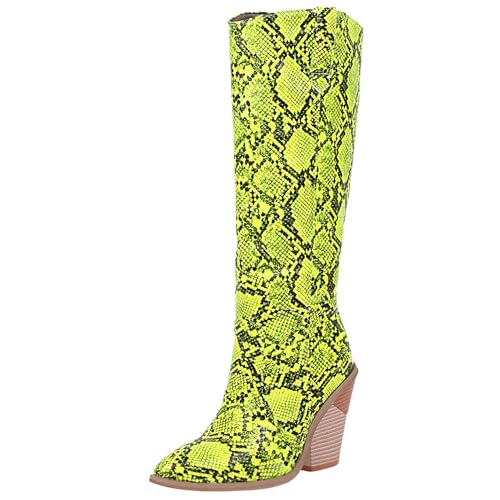 MJIASIAWA Damen Mode Snakeskin Knee High Western Pointed Toe Stiefel Ohne Verschluss Winter Warm Keilabsatz Cowboy Booty Grün Gr 33 EU von MJIASIAWA