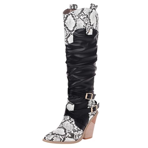 MJIASIAWA Damen Mode Snakeskin Knee High Western Pointed Toe Stiefel Ohne Verschluss Winter Warm Keilabsatz Cowboy Booty Schwarz Gr 36.5 EU/37 Asiatisch von MJIASIAWA