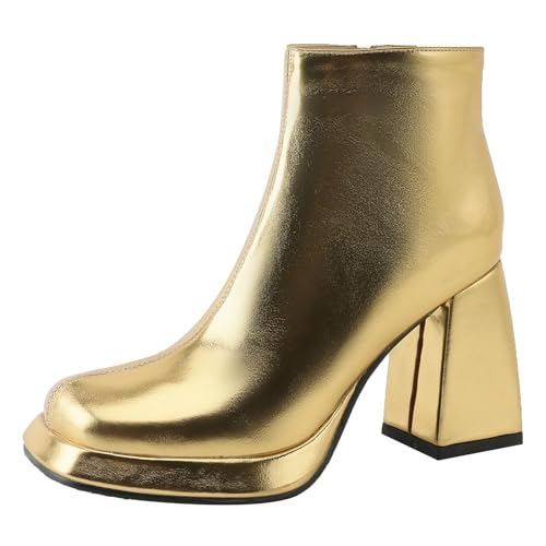 MJIASIAWA Damen Mode Square Toe Chelsea Stiefel Chunky Heel Bride Winter Hochzeit Warm Plateau Stiefeletten Kleid Schuhe Gold Gr 38 EU/39 Asiatisch von MJIASIAWA