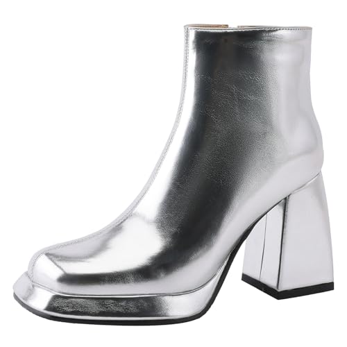 MJIASIAWA Damen Mode Square Toe Chelsea Stiefel Chunky Heel Bride Winter Hochzeit Warm Plateau Stiefeletten Kleid Schuhe Silber Gr 38 EU/39 Asiatisch von MJIASIAWA