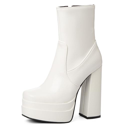 MJIASIAWA Damen Mode Square Toe Plateau Lack Stiefeletten Winter Party Hohen Blockabsatz Zip Elegant Stiefeletten Weiß Gr 38 EU/39 Asiatisch von MJIASIAWA
