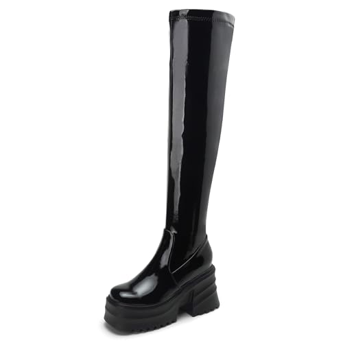 MJIASIAWA Damen Mode Square Toe Stretch Plateau Stiefel Halbschaft Blockabsatz Knee High Winter Party Overknees Lack Booty Schwarz Gr 36 EU von MJIASIAWA