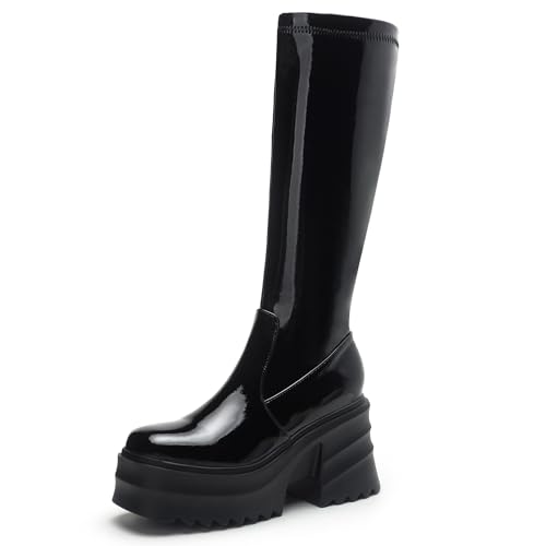 MJIASIAWA Damen Mode Square Toe Stretch Plateau Stiefel Halbschaft Blockabsatz Knee High Winter Party Overknees Lack Booty Schwarz Gr 39 EU/40 Asiatisch von MJIASIAWA