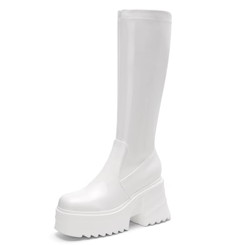 MJIASIAWA Damen Mode Square Toe Stretch Plateau Stiefel Halbschaft Blockabsatz Knee High Winter Party Overknees Lack Booty Weiß Gr 35 EU von MJIASIAWA