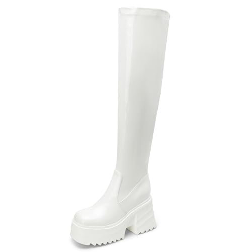 MJIASIAWA Damen Mode Square Toe Stretch Plateau Stiefel Halbschaft Blockabsatz Knee High Winter Party Overknees Lack Booty Weiß Gr 40 EU/41 Asiatisch von MJIASIAWA