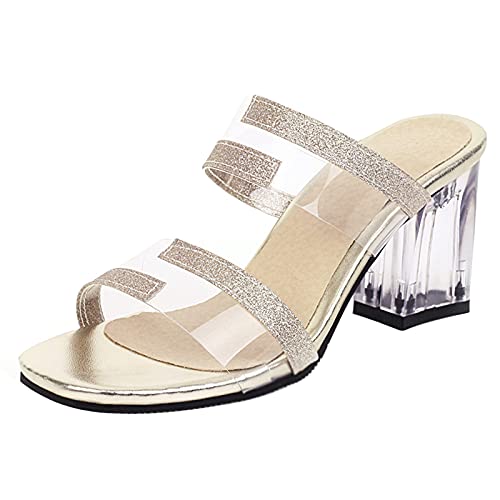 MJIASIAWA Damen Offene Zeh Blockabsatz Mode Transparent Pantoletten Slipper Sandalen Sommer Party Höhe Ferse Blumes Pantoffeln Gold Gr 42 EU/44 Asiatisch von MJIASIAWA