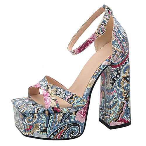 MJIASIAWA Damen Offene Zeh Chunky Höhe Ferse Blumen Sandalen Hochzeit Elegant Knöchelriemchen Plateau Party Schuhe Sommer Blau Gr 38 EU/39 Asiatisch von MJIASIAWA