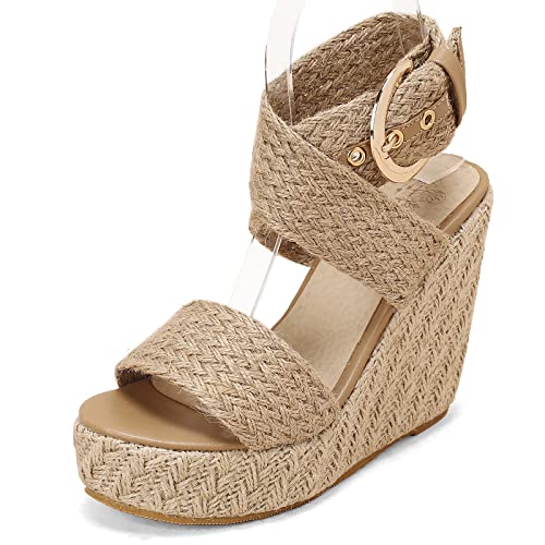 MJIASIAWA Damen Offene Zeh Komfort Leisure Knöchelriemchen Keilabsatz Espadrilles Strappy Sommer Schnalle Plateau Sandalen Aprikose Gr 31 EU von MJIASIAWA