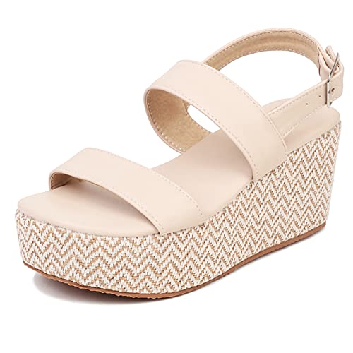 MJIASIAWA Damen Offene Zeh Komfort Plateau Keilabsatz Espadrilles Sandalen Schnalle Knöchelriemchen Sommer Strand Schuhe Beige Gr 34 Eu von MJIASIAWA