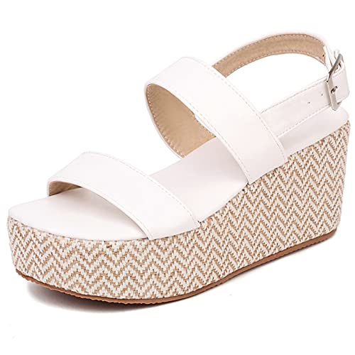 MJIASIAWA Damen Offene Zeh Komfort Plateau Keilabsatz Espadrilles Sandalen Schnalle Knöchelriemchen Sommer Strand Schuhe Weiß Gr 34 Eu von MJIASIAWA