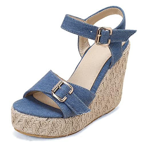 MJIASIAWA Damen Offene Zeh Sommer Leisure Espadrilles Denim Keilabsatz Sandalen Komfort Knöchelriemchen Mode Plateau Schuhe Blau Gr 46 EU/48 Asiatisch von MJIASIAWA