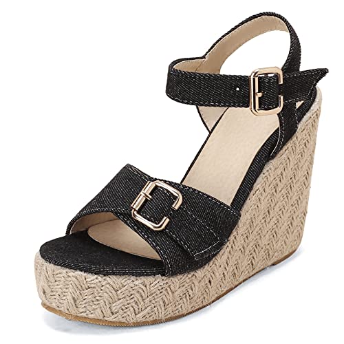 MJIASIAWA Damen Offene Zeh Sommer Leisure Espadrilles Denim Keilabsatz Sandalen Komfort Knöchelriemchen Mode Plateau Schuhe Schwarz Gr 46 EU/48 Asiatisch von MJIASIAWA