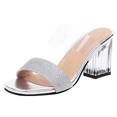 MJIASIAWA Damen Offene Zeh Sommer Pantoffeln Blockabsatz Pantoletten Sandalen Glitzer Party Schuhe Höhe Ferse Draußen Mode Pantoffeln Sandalen Silber Gr 33 Eu von MJIASIAWA