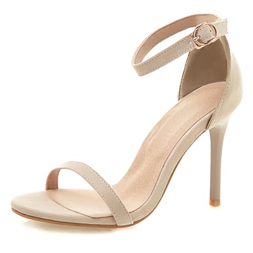 MJIASIAWA Damen Offene Zeh Stiletto Sandalen Elegant Knöchelriemchen Sommer Hochzeit Basic Höhe Ferse Schuhe Wildleder Beige Gr 32 Eu von MJIASIAWA