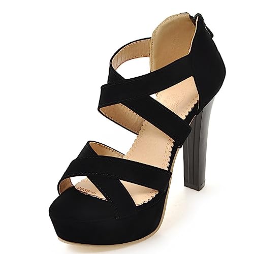 MJIASIAWA Damen Offene Zeh Strappy Höhe Ferse Sandalen Wildleder Bridal Plateau Blockabsatz Sommer Party Schuhe Schwarz Gr 33 Eu von MJIASIAWA