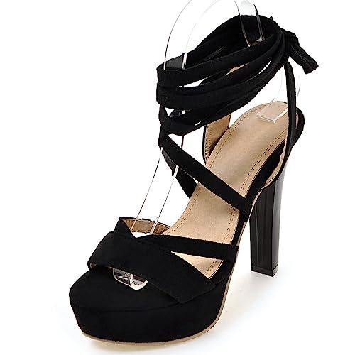 MJIASIAWA Damen Offene Zeh Strappy Höhe Ferse Sandalen Wildleder Bridal Plateau Blockabsatz Sommer Party Schuhe Schwarz Gr 33 Eu von MJIASIAWA