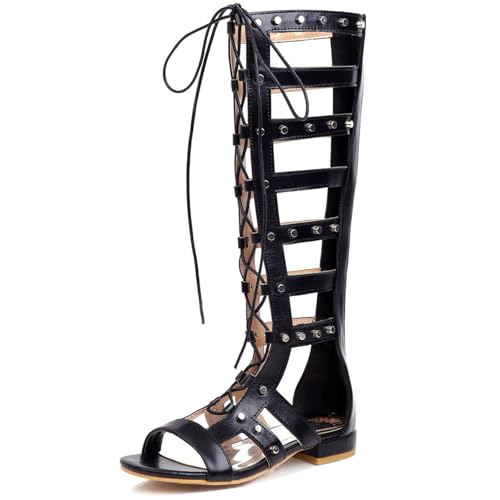 MJIASIAWA Damen Offene Zeh Strappy Knee Gladiator Sandalen Leisure Klassischer Block Niedrige Absatz Reißverschluss Franse Romisch Boots Schwarz Gr 39 EU/40 Asiatisch von MJIASIAWA