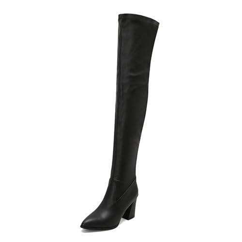 MJIASIAWA Damen Ohne Verschluss Blockabsatz Stretch Overknee Stiefel Mode Pointed Toe Winter Elegant Thigh High Stretch Booty Schwarz Gr 36 EU von MJIASIAWA