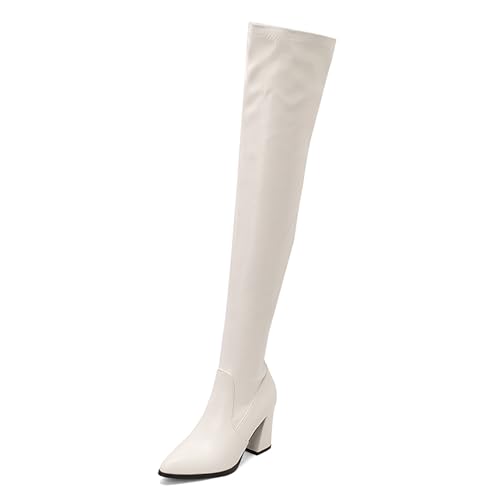 MJIASIAWA Damen Ohne Verschluss Blockabsatz Stretch Overknee Stiefel Mode Pointed Toe Winter Elegant Thigh High Stretch Booty Weiß Gr 48 EU/50 Asiatisch von MJIASIAWA