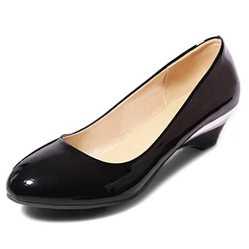 MJIASIAWA Damen Ohne Verschluss Buro Keilabsatz Mitte Absatz Lack Schuhe Arbeit Kleid Closed Toe Sommer Abend Pumps Schwarz Gr 37 EU/38 Asiatisch von MJIASIAWA