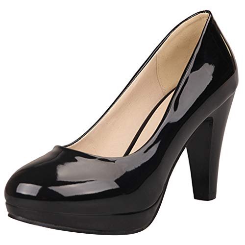 MJIASIAWA Damen Ohne Verschluss Closed Toe Kleid Höhe Ferse Plateau Pumps Buro Formal Lack Abend Mode Pumps Schwarz Gr 34 EU von MJIASIAWA