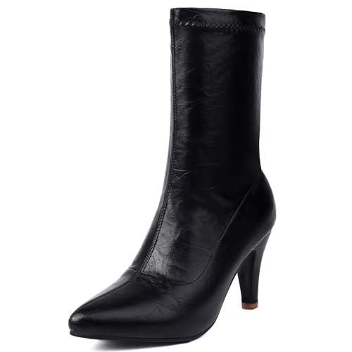 MJIASIAWA Damen Ohne Verschluss Elegant Stiletto Halbschaft Stretch Stiefel Abend Höhe Ferse Herbst Winter Mode Pointed Toe Stiefeletten Schwarz Gr 36.5 EU/37 Asiatisch von MJIASIAWA