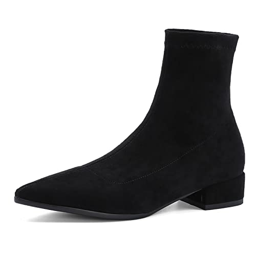 MJIASIAWA Damen Ohne Verschluss Kleid Block Mitte Absatz Stretchy Stiefeletten Mode Ohne Verschluss Pointed Toe Herbst Winter Chelsea Stiefel Schwarz/Rl Gr 38 EU/39 Asiatisch von MJIASIAWA