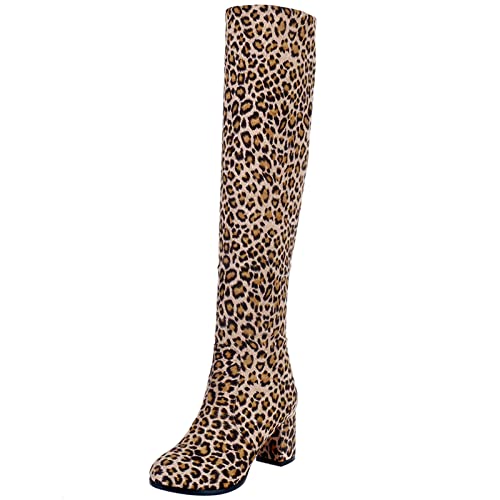 MJIASIAWA Damen Ohne Verschluss Kleid Overknees Stretchy Boots Winter Mode Hohen Blockabsatz Fell Lined Party Warm Overknees Stiefel Leopard/Rl Gr 39 EU/40 Asiatisch von MJIASIAWA