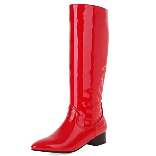 MJIASIAWA Damen Ohne Verschluss Mode Lack Pointed Toe Mitte Absatz Reitstiefel Elegant Winter Party Kleid Ohne Verschluss Hohe Stiefel Rot Gr 36 EU von MJIASIAWA