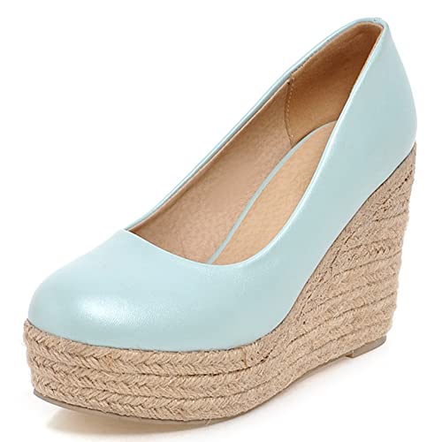 MJIASIAWA Damen Ohne Verschluss Mode Plateau Keilabsatz Espadrilles Runde Zehen Komfort Höhe Ferse Pumps Leisure Blau Gr 38 EU/39 Asiatisch von MJIASIAWA