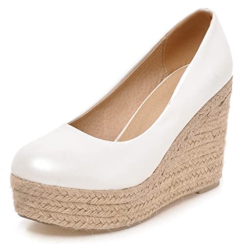 MJIASIAWA Damen Ohne Verschluss Mode Plateau Keilabsatz Espadrilles Runde Zehen Komfort Höhe Ferse Pumps Leisure Weiß Gr 37 EU/38 Asiatisch von MJIASIAWA