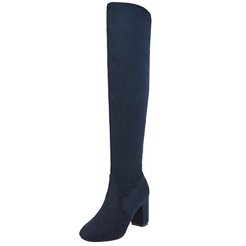 MJIASIAWA Damen Ohne Verschluss Oberschenkel Mode Blockabsatz Winterstiefel Höhe Ferse Warm Elegant Party Comfy Kleid Reitstiefel Blau Gr 40.5 EU/42 Asiatisch von MJIASIAWA