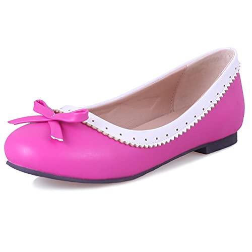 MJIASIAWA Damen Ohne Verschluss Walking Driving Buro Arbeit Ballerina Prom Flach Schuhe Brogue Closed Toe Hochzeit Flats Bows Rose-Rot Gr 47 EU/49 Asiatisch von MJIASIAWA