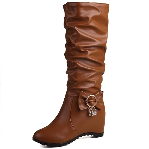 MJIASIAWA Damen Ohne Verschluss Winter Keilabsatz Lockere Stiefel Ohne Verschluss Hochzeit Warm Runde Zehen Komfort Bogen Stiefeletten Braun Gr 38 EU/39 Asiatisch von MJIASIAWA