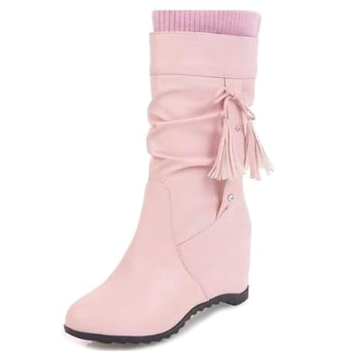 MJIASIAWA Damen Ohne Verschluss Winter Keilabsatz Lockere Stiefel Ohne Verschluss Hochzeit Warm Runde Zehen Komfort Bogen Stiefeletten Pink Gr 41 EU/43 Asiatisch von MJIASIAWA