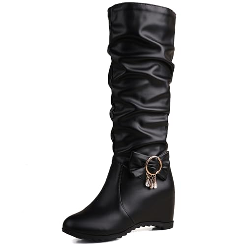 MJIASIAWA Damen Ohne Verschluss Winter Keilabsatz Lockere Stiefel Ohne Verschluss Hochzeit Warm Runde Zehen Komfort Bogen Stiefeletten Schwarz Gr 37 EU/38 Asiatisch von MJIASIAWA