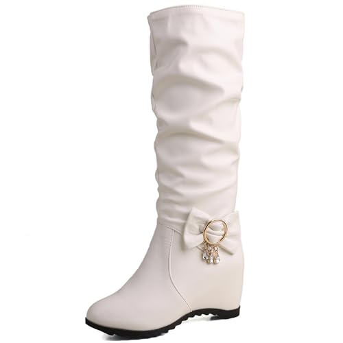 MJIASIAWA Damen Ohne Verschluss Winter Keilabsatz Lockere Stiefel Ohne Verschluss Hochzeit Warm Runde Zehen Komfort Bogen Stiefeletten Weiß Gr 37 EU/38 Asiatisch von MJIASIAWA