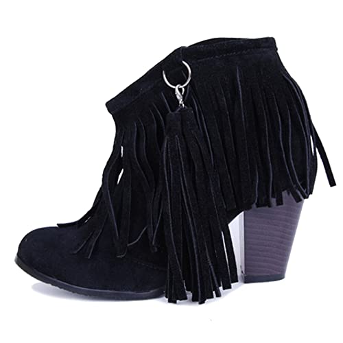 MJIASIAWA Damen Ohne Verschluss Winter Klassischer Blockabsatz Leisure Romisch Franse Stiefeletten Gladiator Retro Warm Stiefeletten Schwarz Gr 44 EU/46 Asiatisch von MJIASIAWA